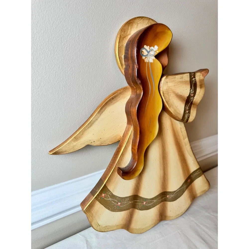 Vintage‎ Hand Painted Wood Angel Wall Hanging Countrycore Cottagecore Decor 17in